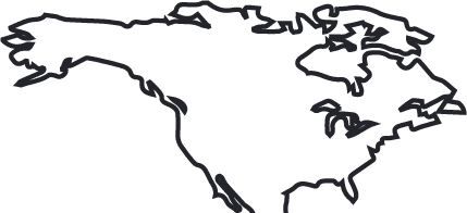 A stylized outline map of North America in black and white. The shape highlights the continent's coastal features and borders.