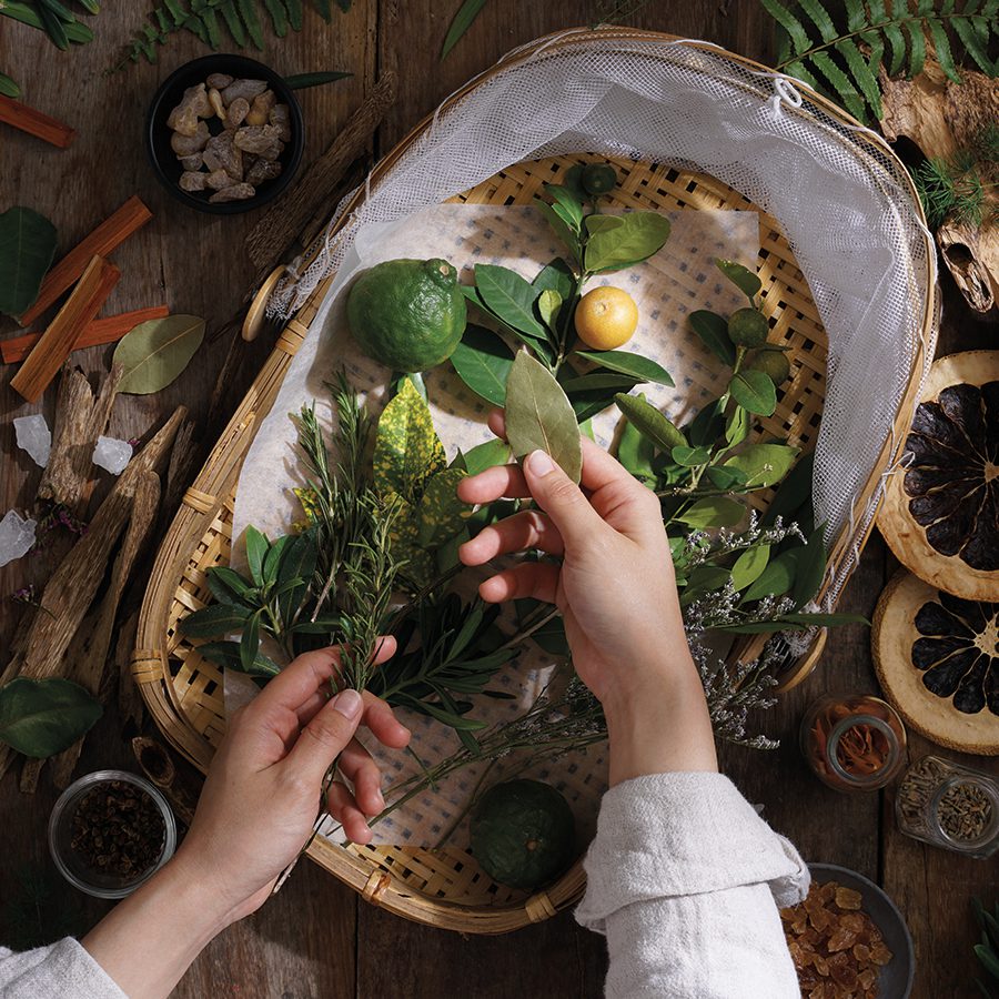 A pair of hands sorts through fresh herbs, citrus fruits, and various spices arranged in a woven basket on a wooden surface. The scene is complemented by scattered natural ingredients like dried flowers and bark.