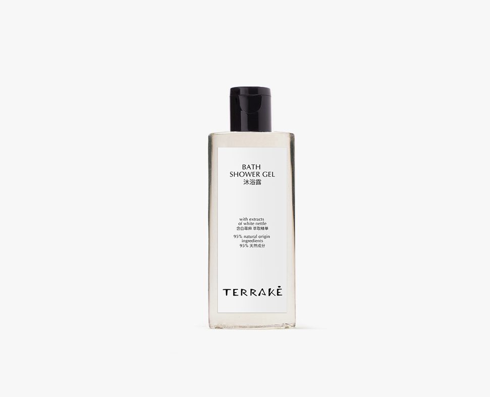 A clear bottle of Bath Shower Gel with a black cap and minimalist label featuring the brand name "Terraké" and product description in both English and Chinese.