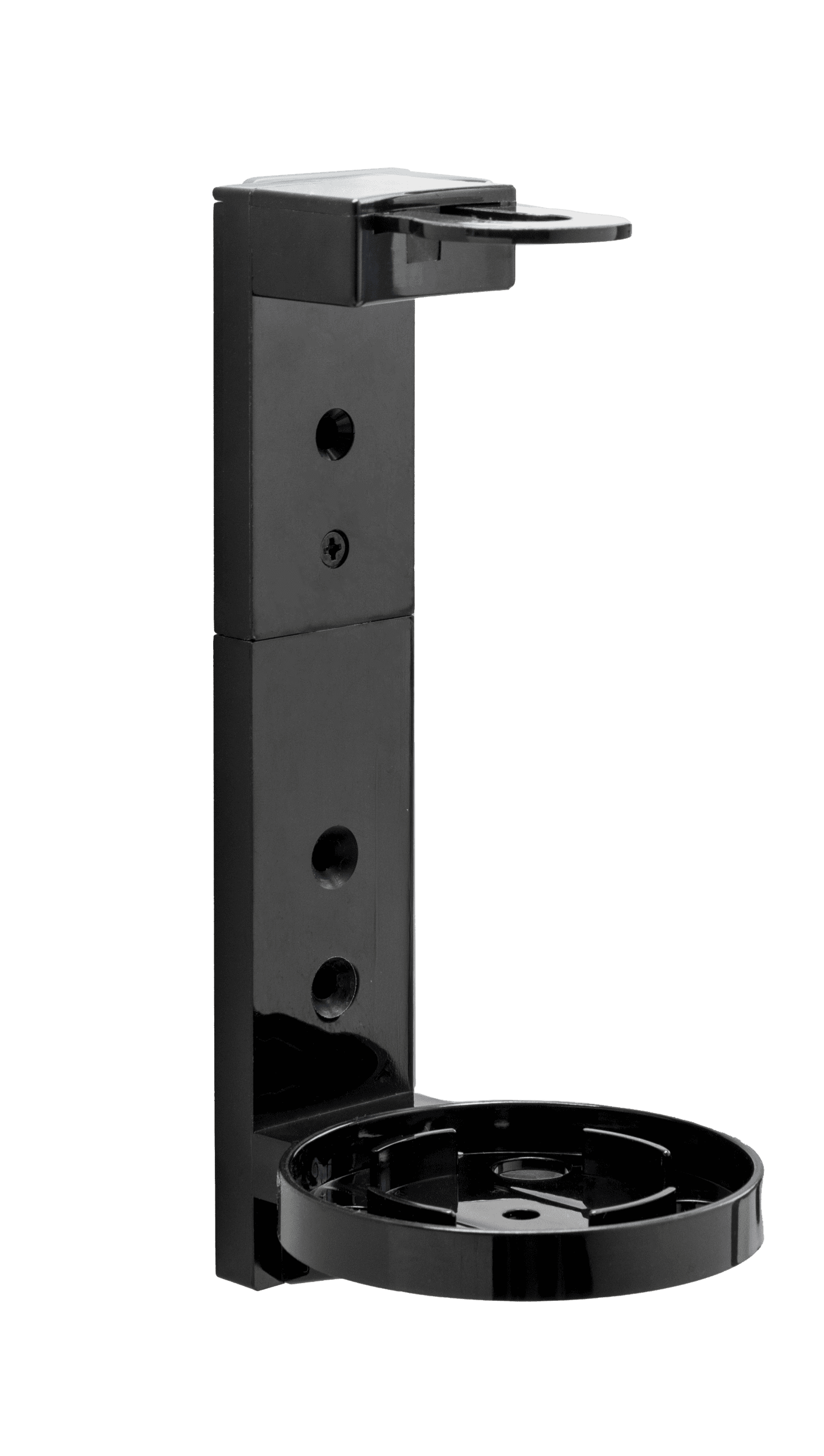 A black plastic holder featuring a circular base and a vertical support with mounting holes, designed to hold a cup or beverage.