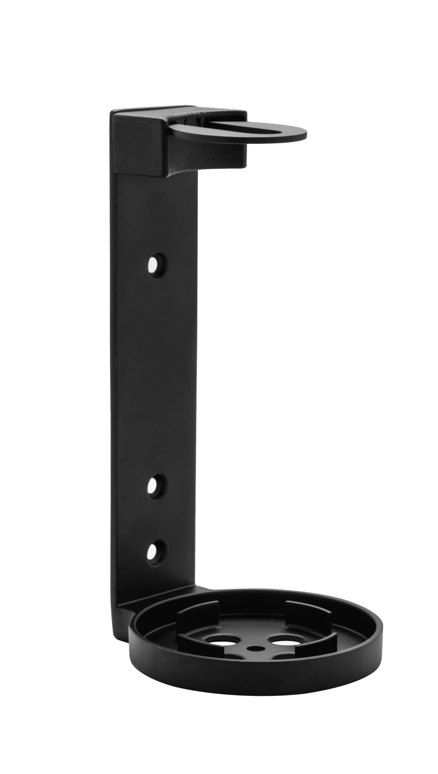 A black metal wall-mounted holder featuring a flat top shelf and a circular base, designed for holding various items. The holder has several mounting holes for secure installation.