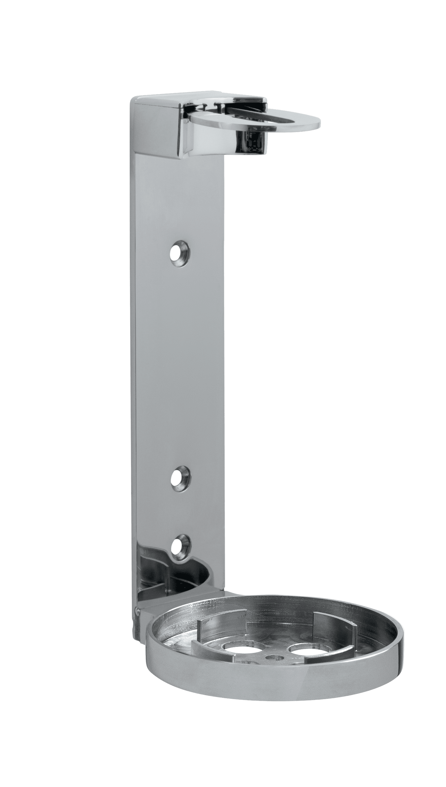 A sleek chrome wall-mounted holder with a circular base, designed for holding small items. It features a vertical support with three mounting holes.