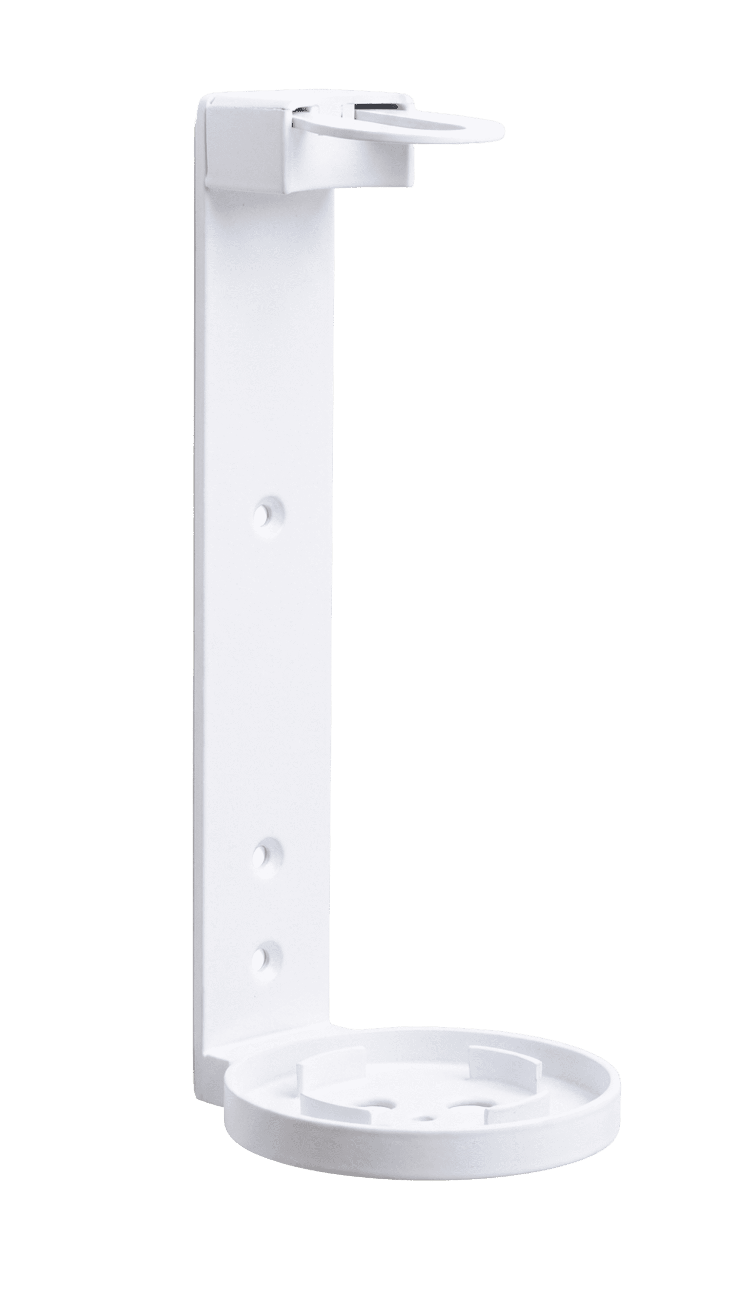 A white wall-mounted holder with a flat, circular base and a vertical support. The design includes a small shelf at the top.