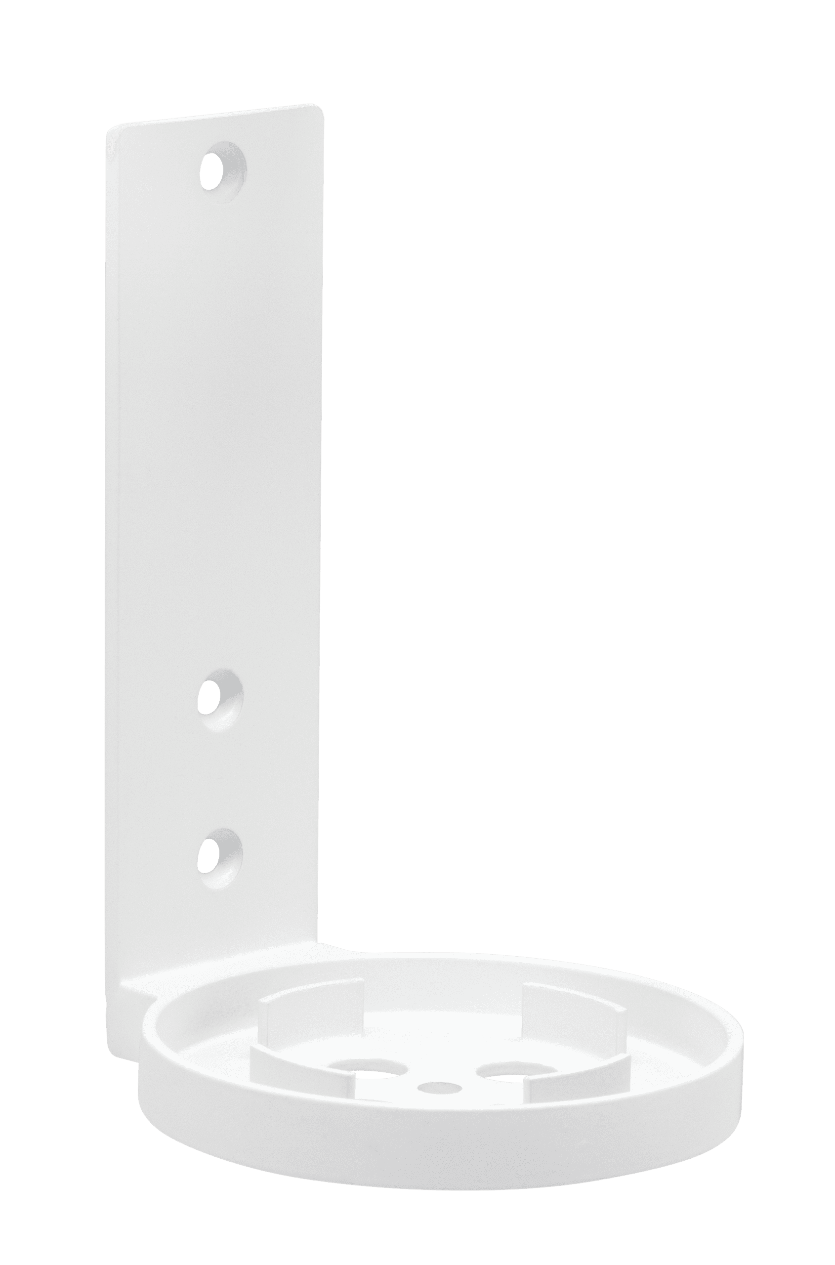 A white wall-mounted holder with a circular base and a vertical bracket for securing items.