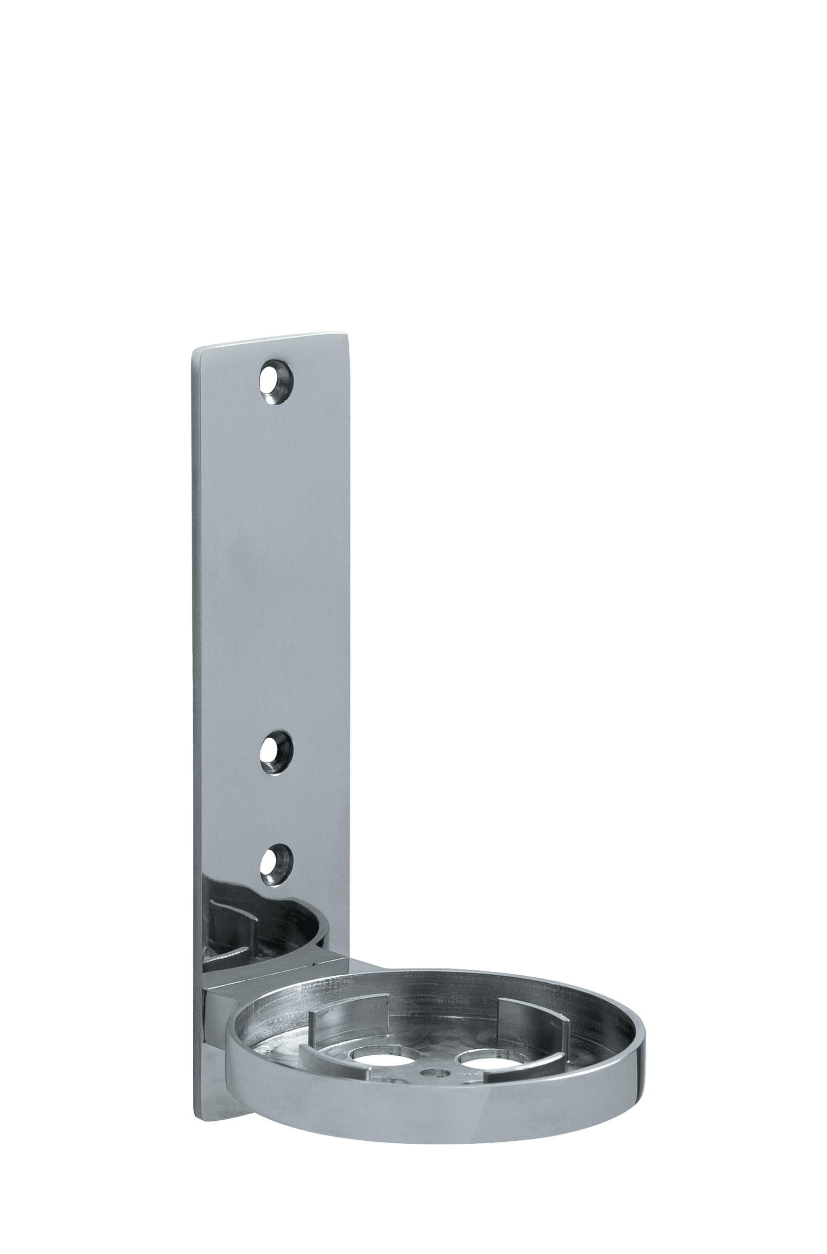 A shiny chrome wall-mounted cup holder with a rectangular backplate and a circular base. The holder features three holes for secure installation.