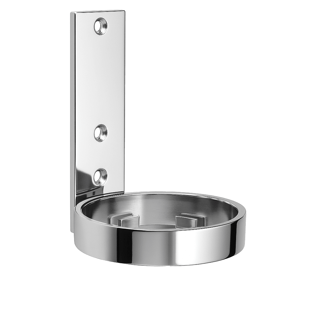 A shiny chrome wall-mounted cup holder with a circular base and a vertical support plate featuring three mounting holes.