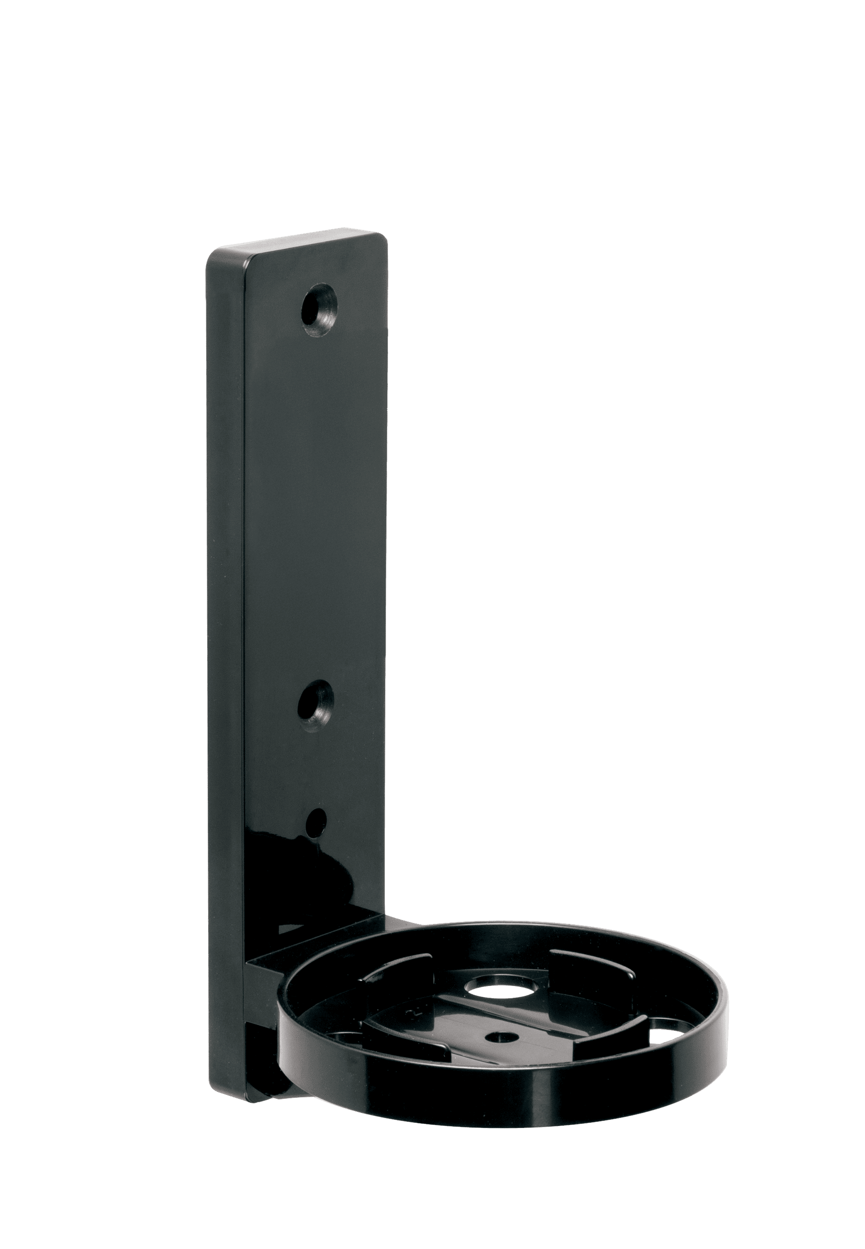A black, wall-mounted bracket with a circular base for holding an object, featuring two mounting holes on the vertical section.