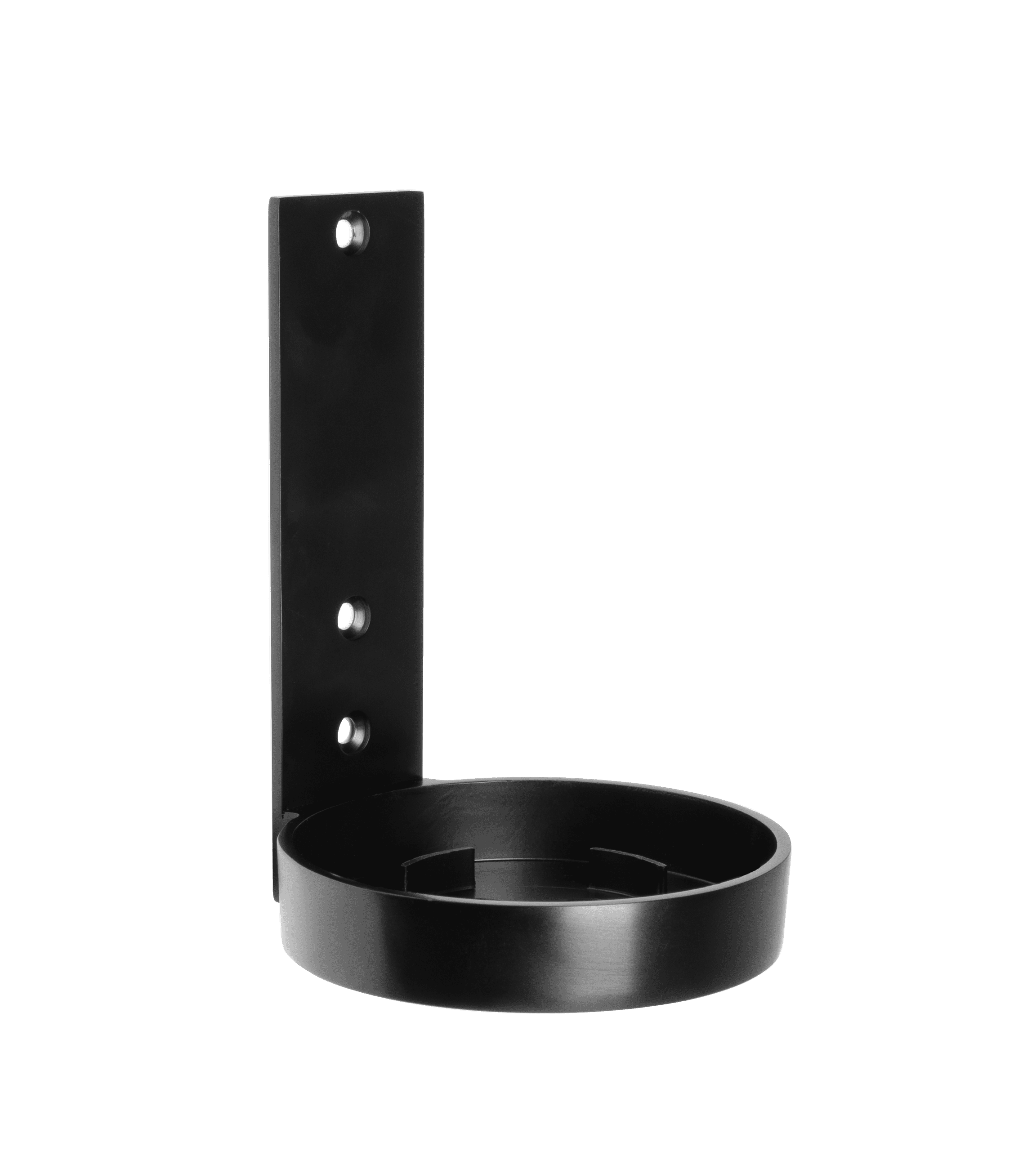 A black wall-mounted holder with a circular base and a vertical backplate featuring three screw holes for installation.