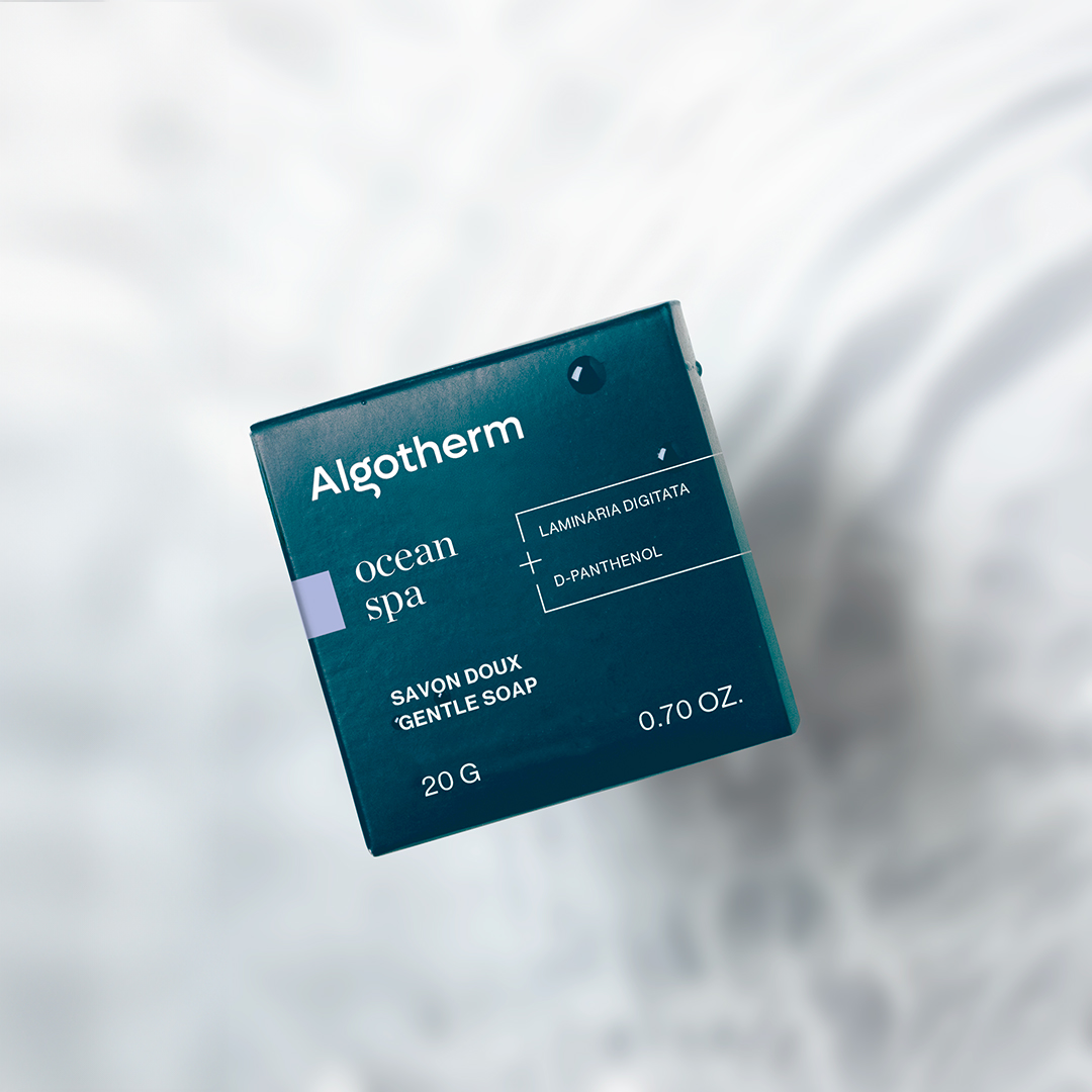 Algotherm Ocean Spa gentle soap in teal packaging displayed against a soft, light background