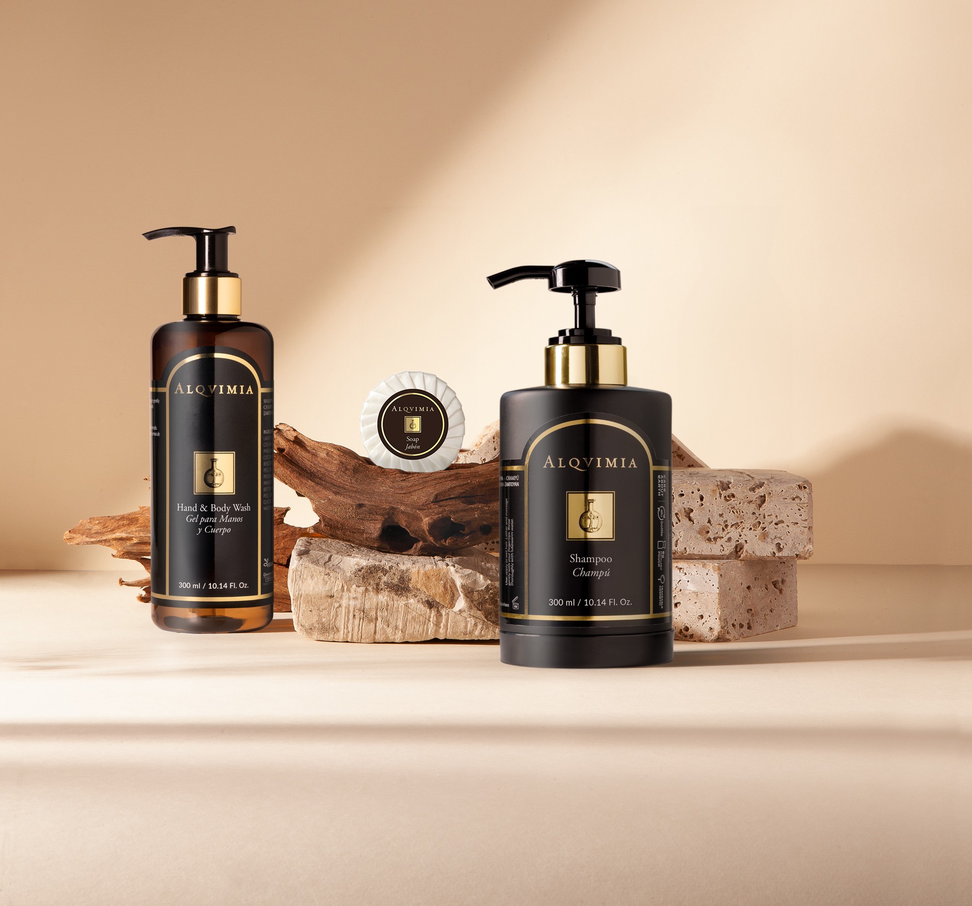 Complete Alqvimia spa collection presented in an elegant and natural setting.