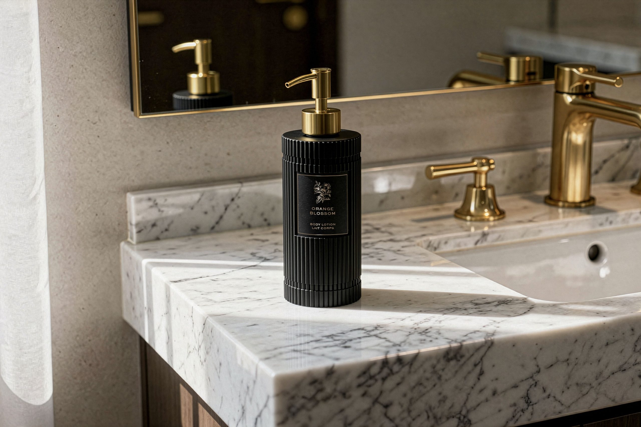 Elegant white “Belleron” hand cream bottle with black pump, featuring embossed decorative design, placed on a marble bathroom countertop with neutral stone wall background.