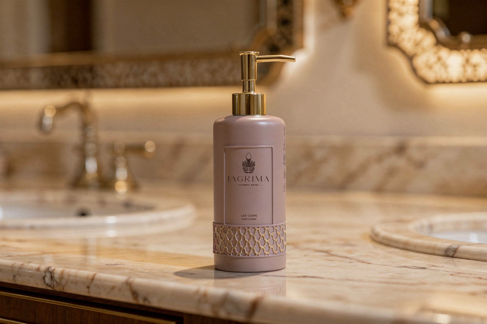 Elegant pink “Lagrima” body lotion bottle with gold pump on a beige marble bathroom countertop, set in a luxurious interior with soft lighting and classic sink fixtures.