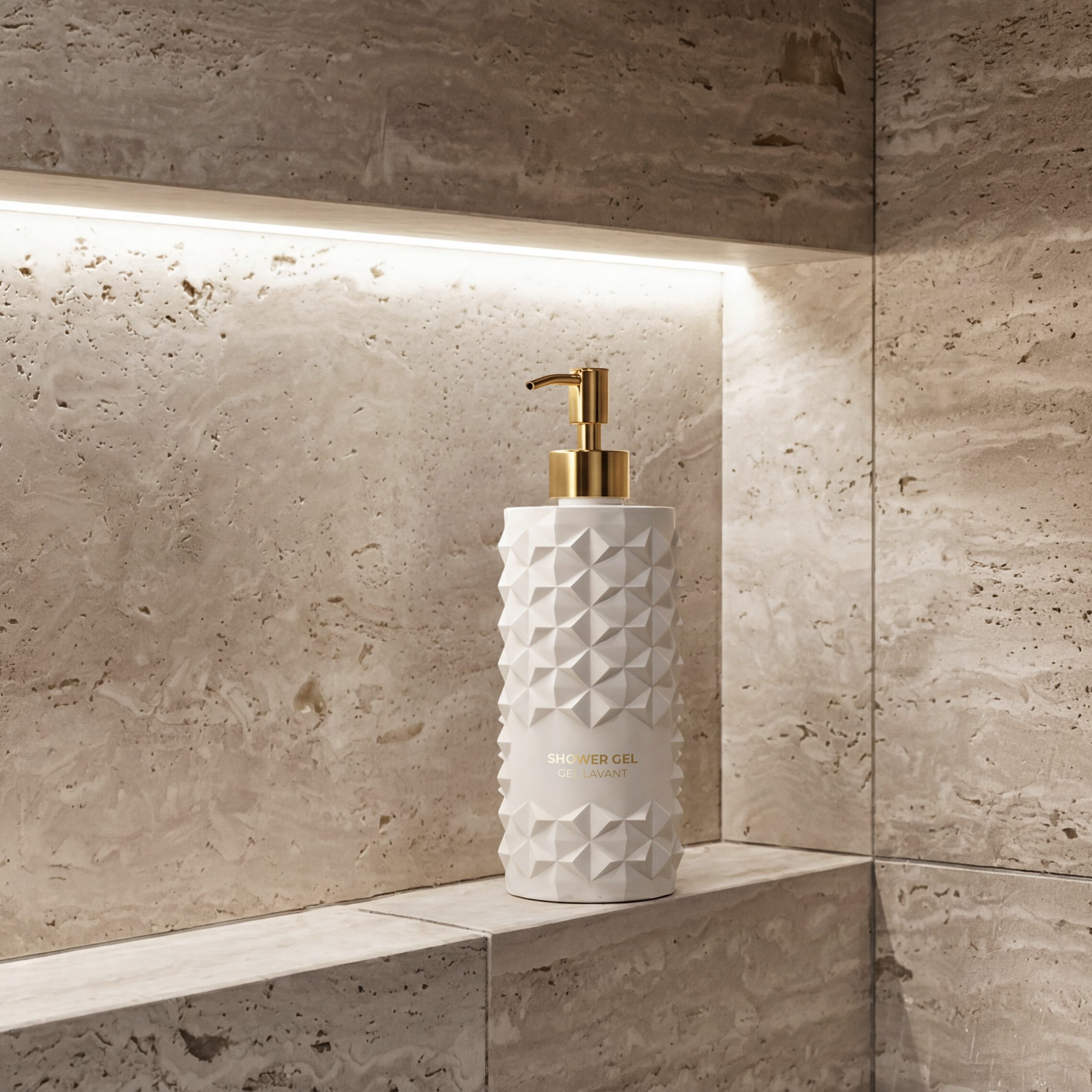 Luxury white geometric shower gel bottle with gold pump on a beige stone bathroom shelf, highlighted by soft built-in lighting in a modern spa-style interior.