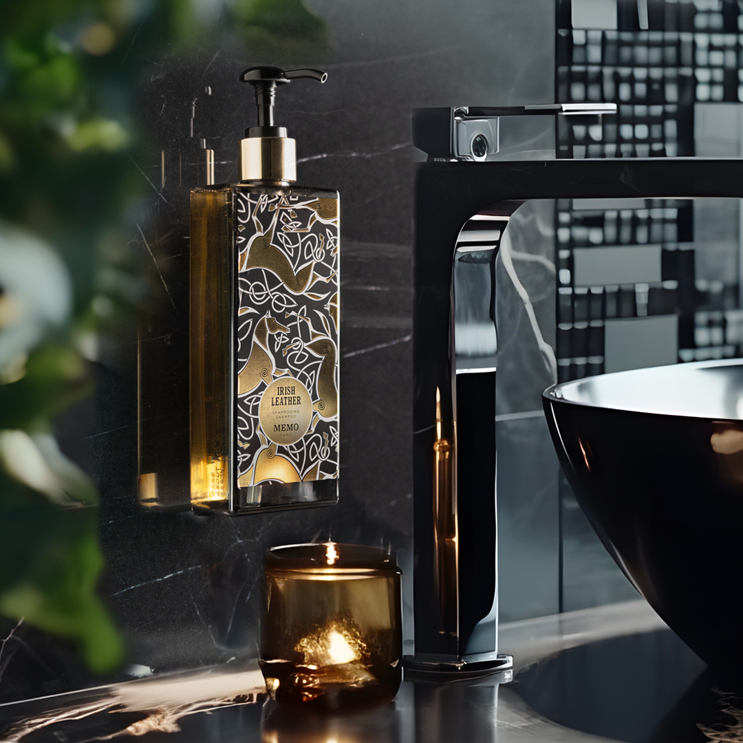 Memo Paris Irish Leather dispenser bottle mounted in luxury bathroom