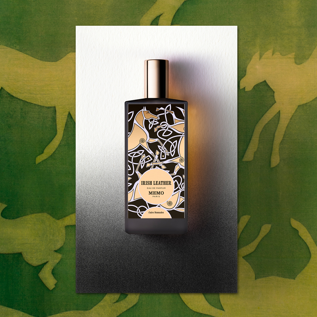 Memo Paris Irish Leather perfume bottle with decorative label on green background