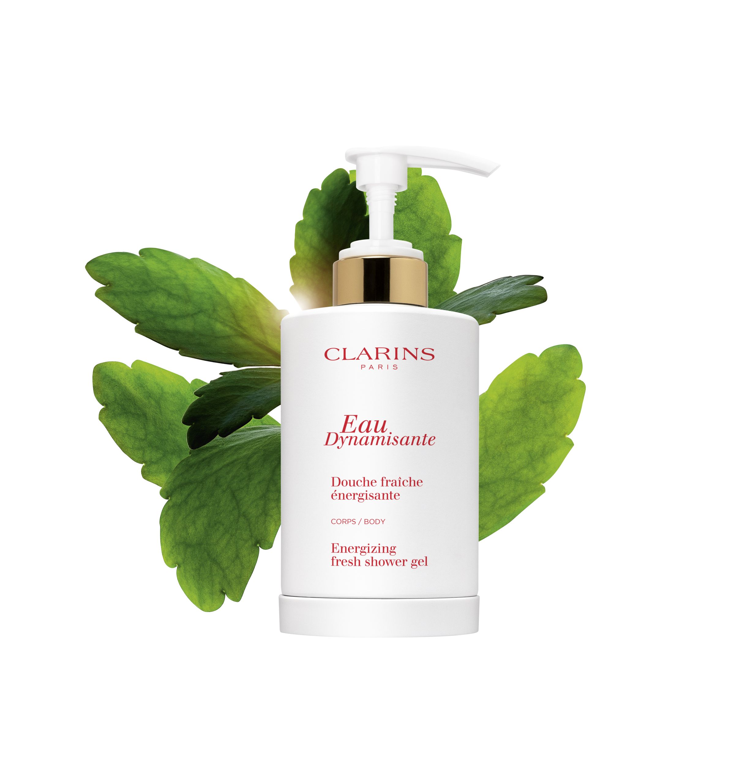 Clarins frascos do gel de banho energizante e refrescante “Eau Dynamisante” frascos folhas verdes sobre um fundo branco.