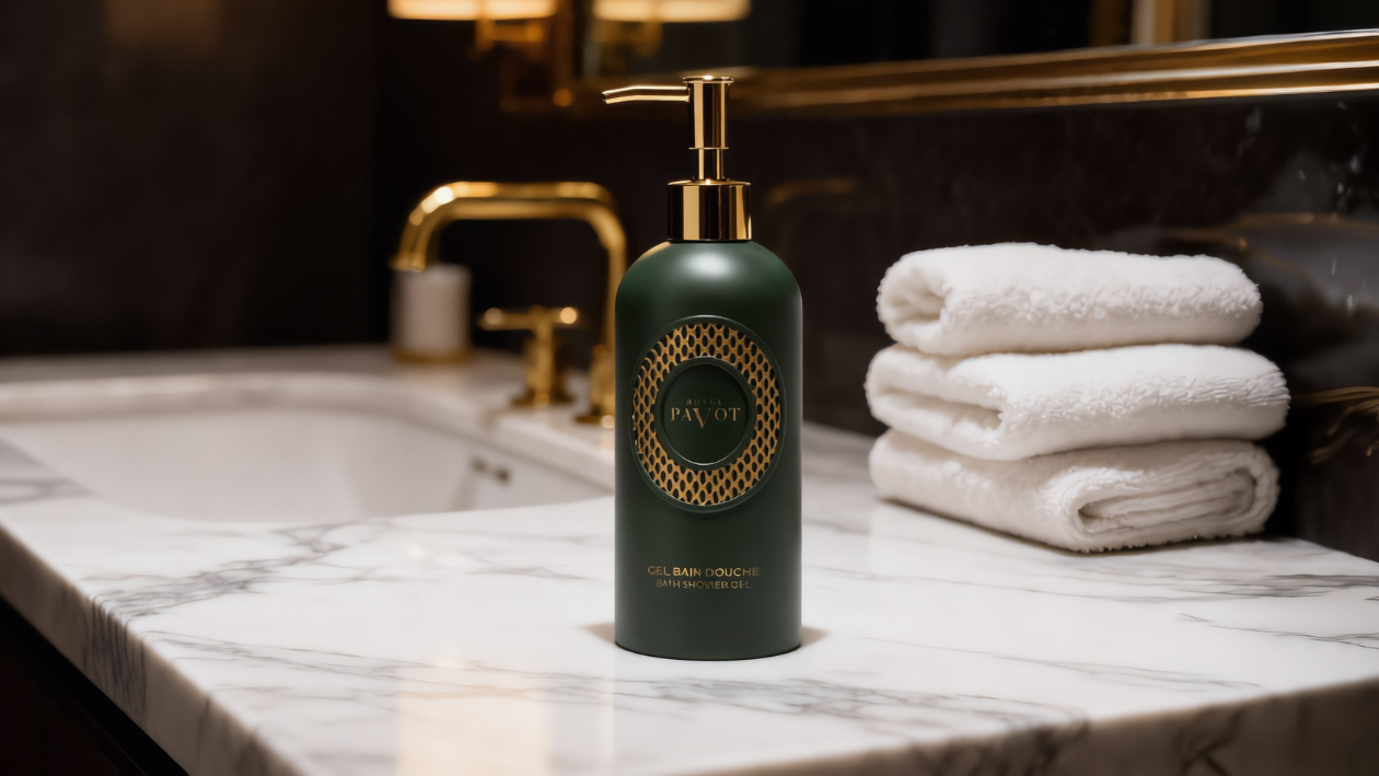 Luxury green “Pavot” bath and shower gel bottle with gold pump on a white marble bathroom countertop, featuring gold faucet fixtures and neatly folded white towels.