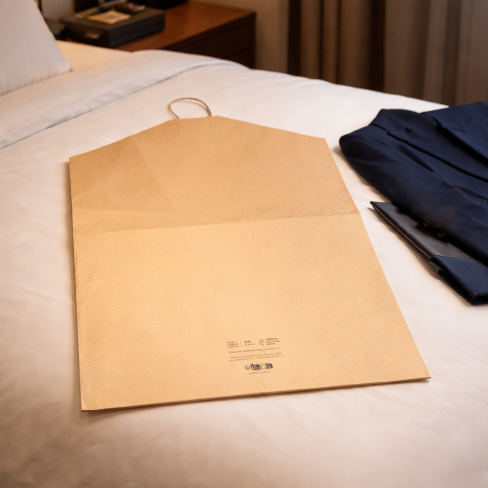Kraft garment cover displayed on a hotel bed.