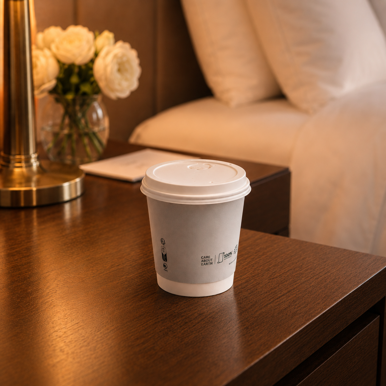Eco-friendly paper coffee cup on a hotel bedside table.