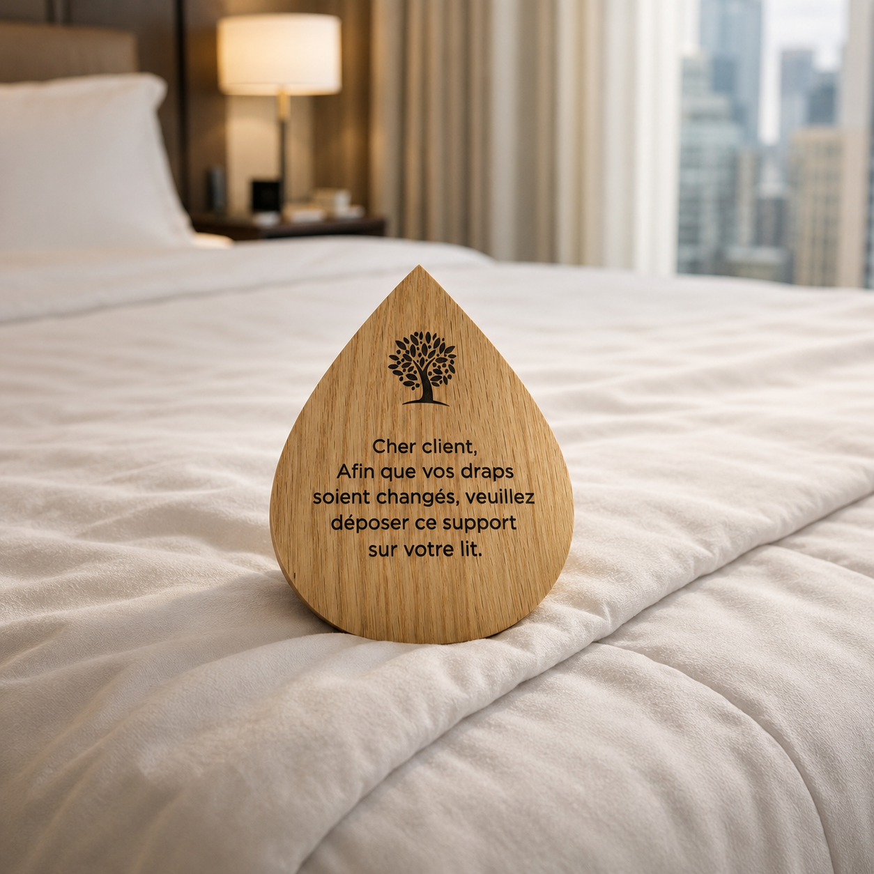 Wooden linen-change sign placed on a hotel bed.
