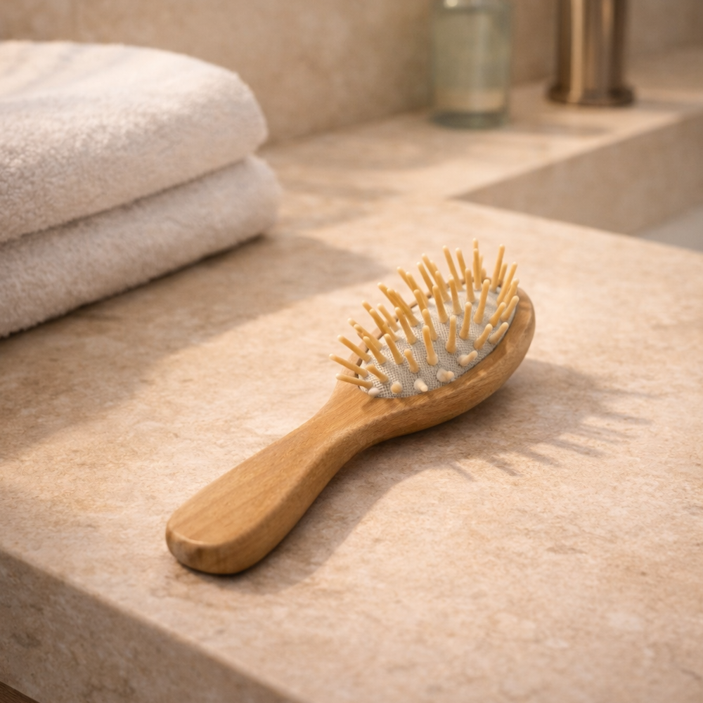 Wooden hairbrush displayed on a bathroom countertop.