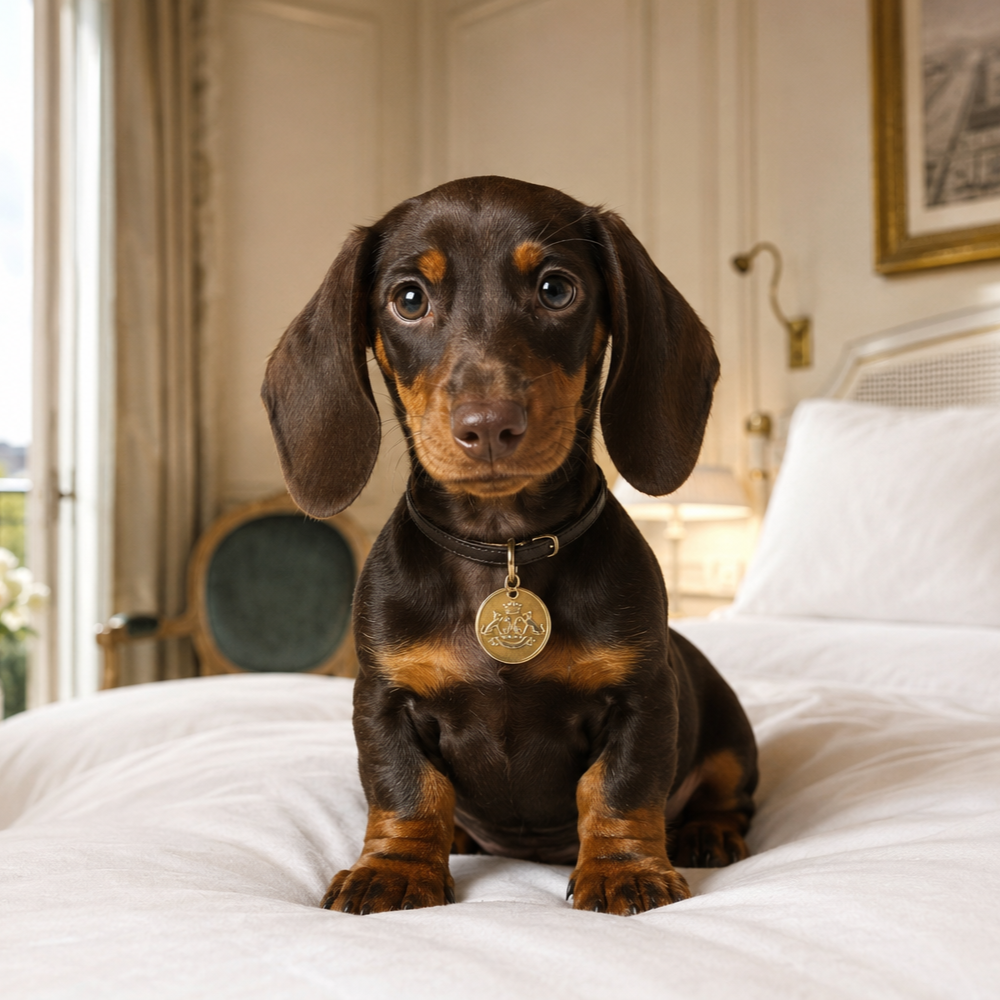 Dachshund wearing a branded pet ID tag while sitting on a hotel bed.