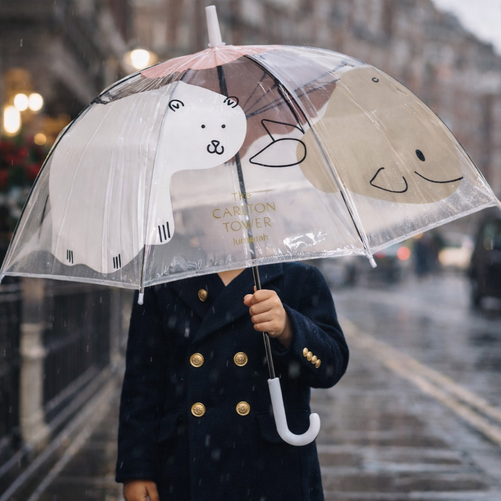 Child holding a transparent animal-themed umbrella on a rainy city street.