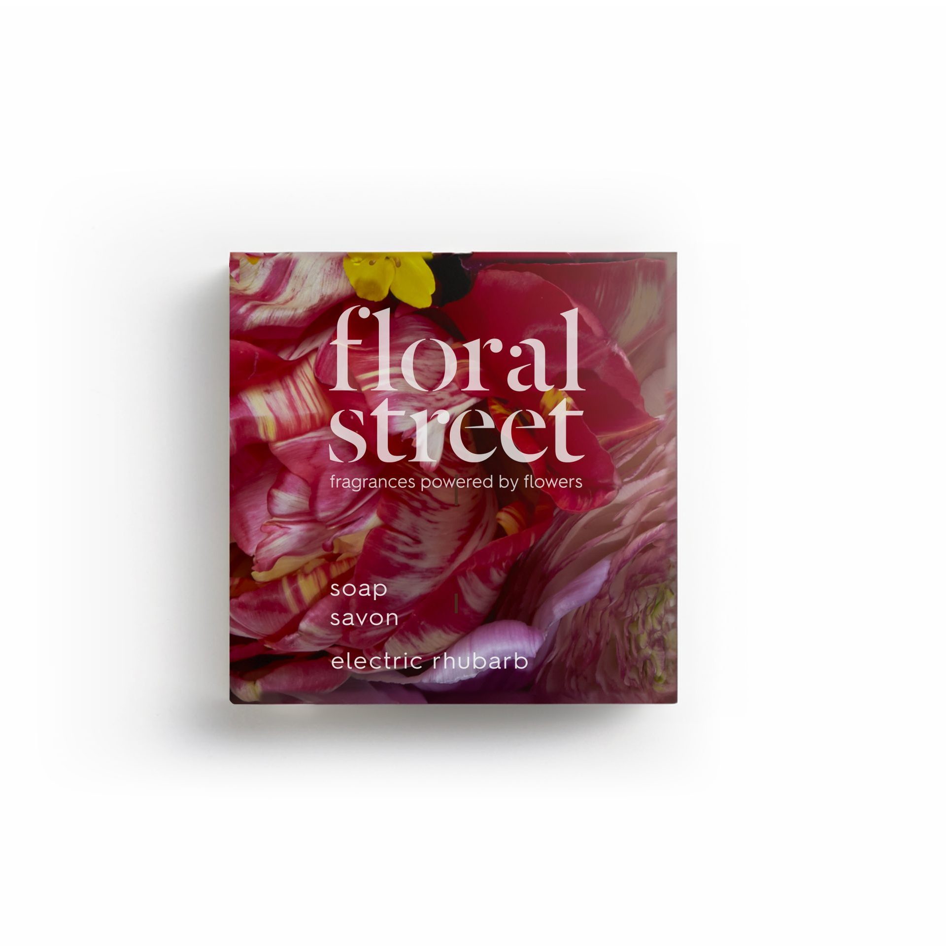 Floral Street Electric Rhubarb soap bar packaging with floral design on a white background, minimal beauty product shot.