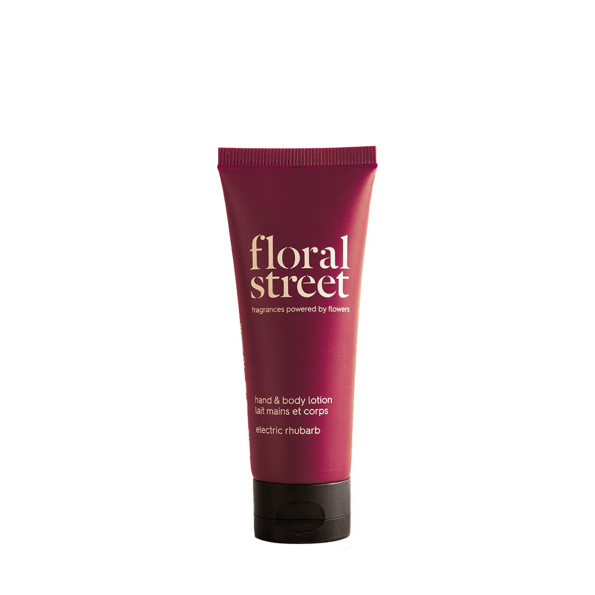 Floral Street Electric Rhubarb hand and body lotion tube on a clean white background, minimal product packshot.