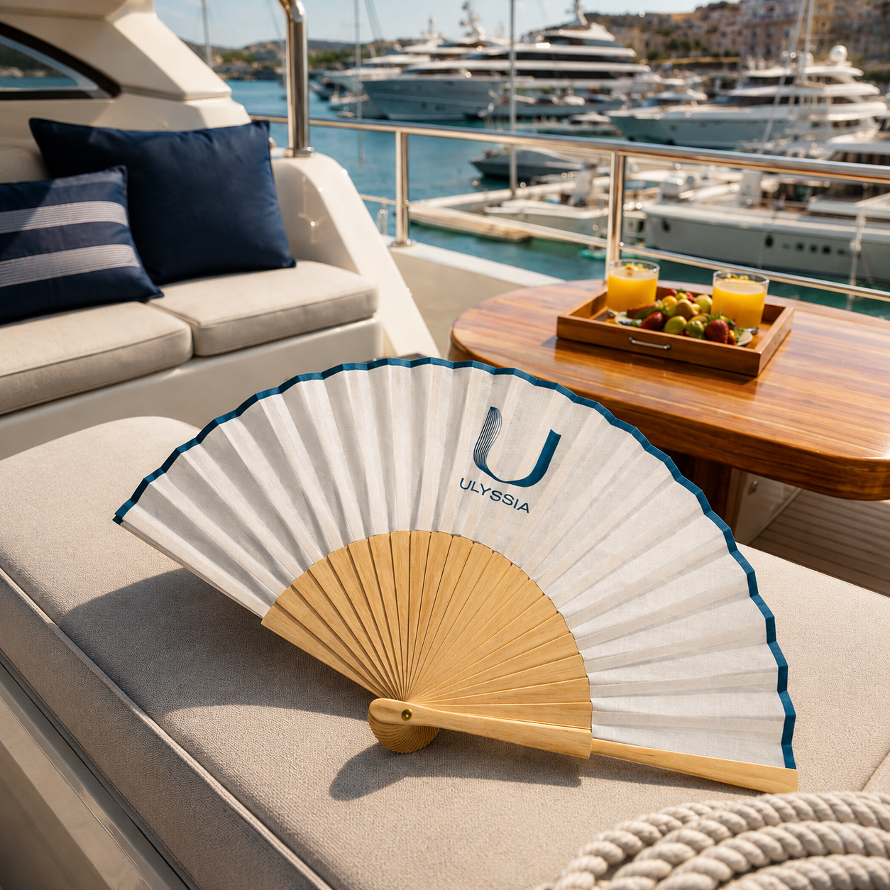 Elegant Ulyssia-branded folding fan resting on a yacht lounge seat, overlooking a marina with luxury yachts and refreshments nearby.