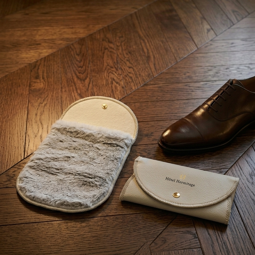 **Alt text (English):** *A luxury shoe-shine mitt and matching storage pouch are displayed on a dark wooden floor beside a polished brown leather dress shoe. The cream-colored faux leather accessories feature gold-tone snap closures, while the open mitt reveals a soft gray faux fur lining designed for shoe polishing. The scene conveys elegance, craftsmanship, and premium hospitality amenities.