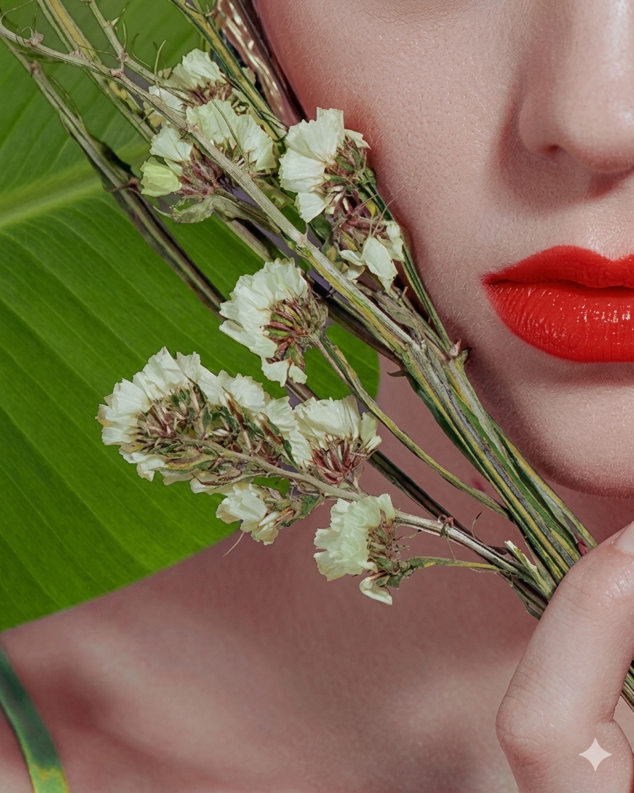 Close-up of the lower half of a person’s face with vivid red lips, partially covered by delicate stems of small pale flowers. The flowers and thin branches are held close to the face, with a large green leaf in the background, creating a botanical, beauty-focused composition with sharp detail and vibrant contrast.
