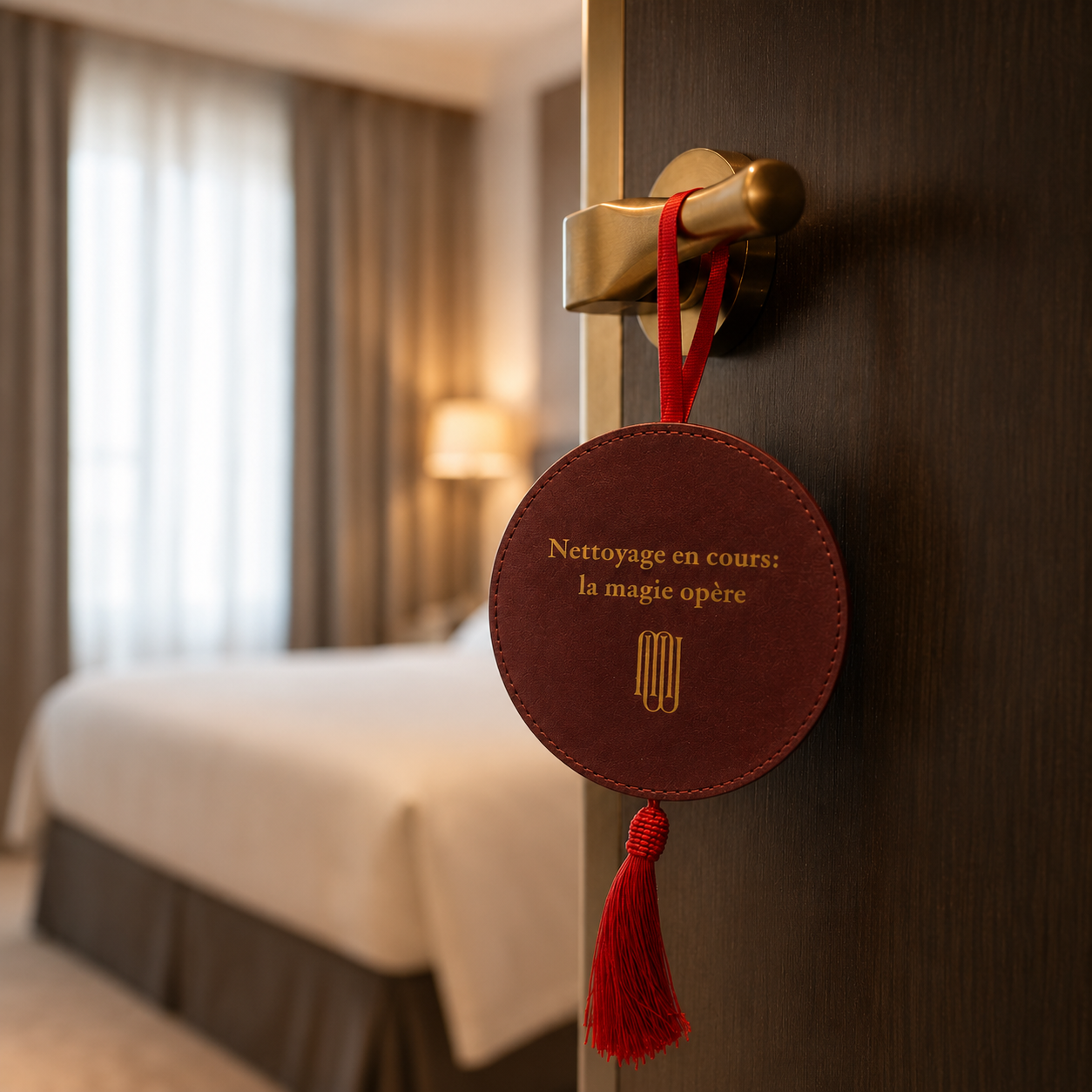 Cleaning-in-progress door sign hanging from a hotel room door handle.