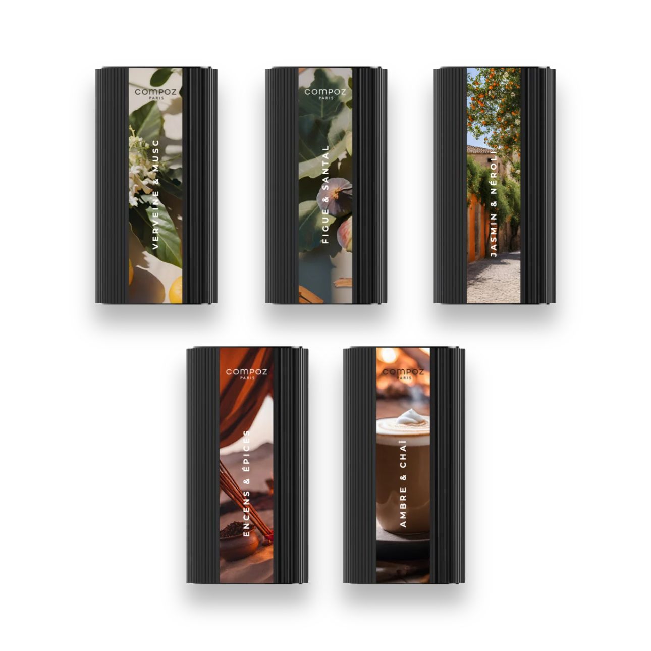 Collection of Compoz fragrance capsules featuring various scent compositions, including Verbena & Musk, Fig & Santal, Jasmine & Neroli, Incense & Spices, Amber & Chai.