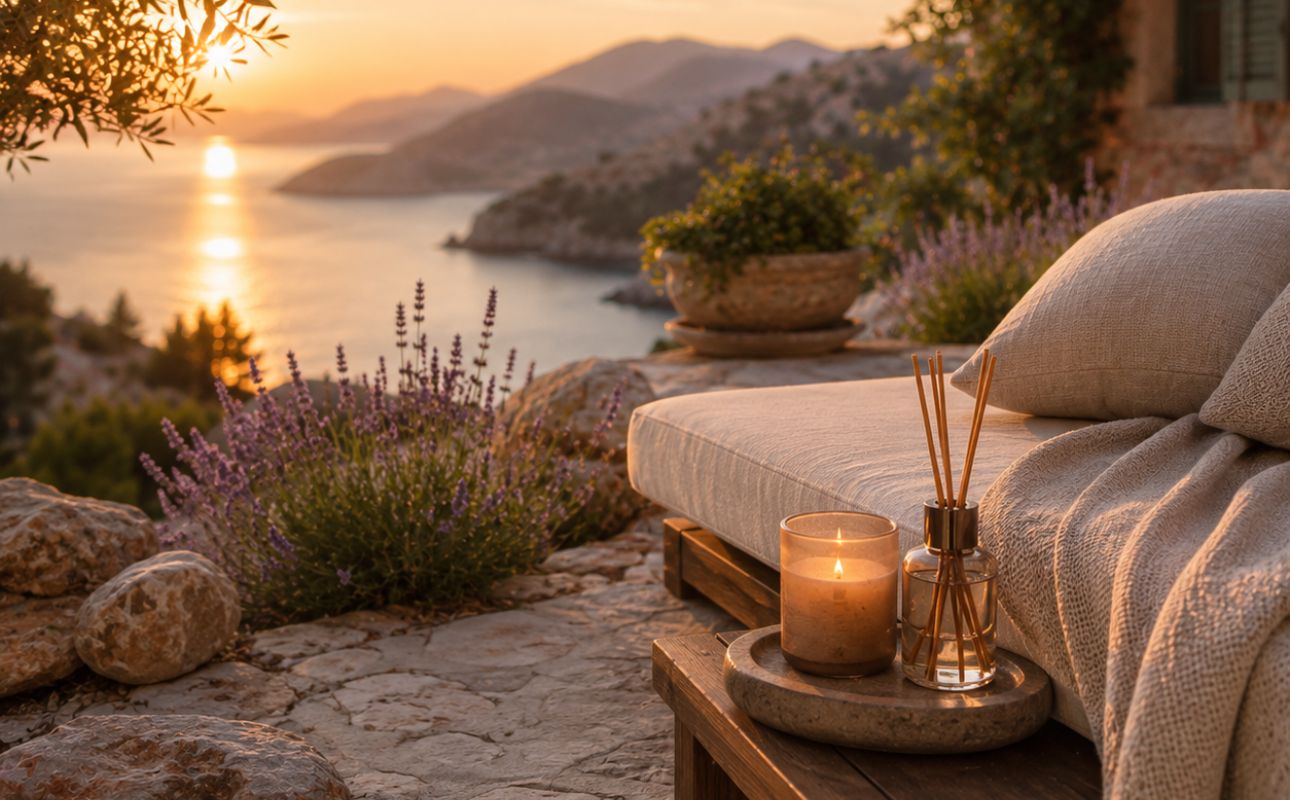 Lavender-lined terrace overlooking the sea at sunset, capturing relaxation, wellness and refined aromatic fragrances.