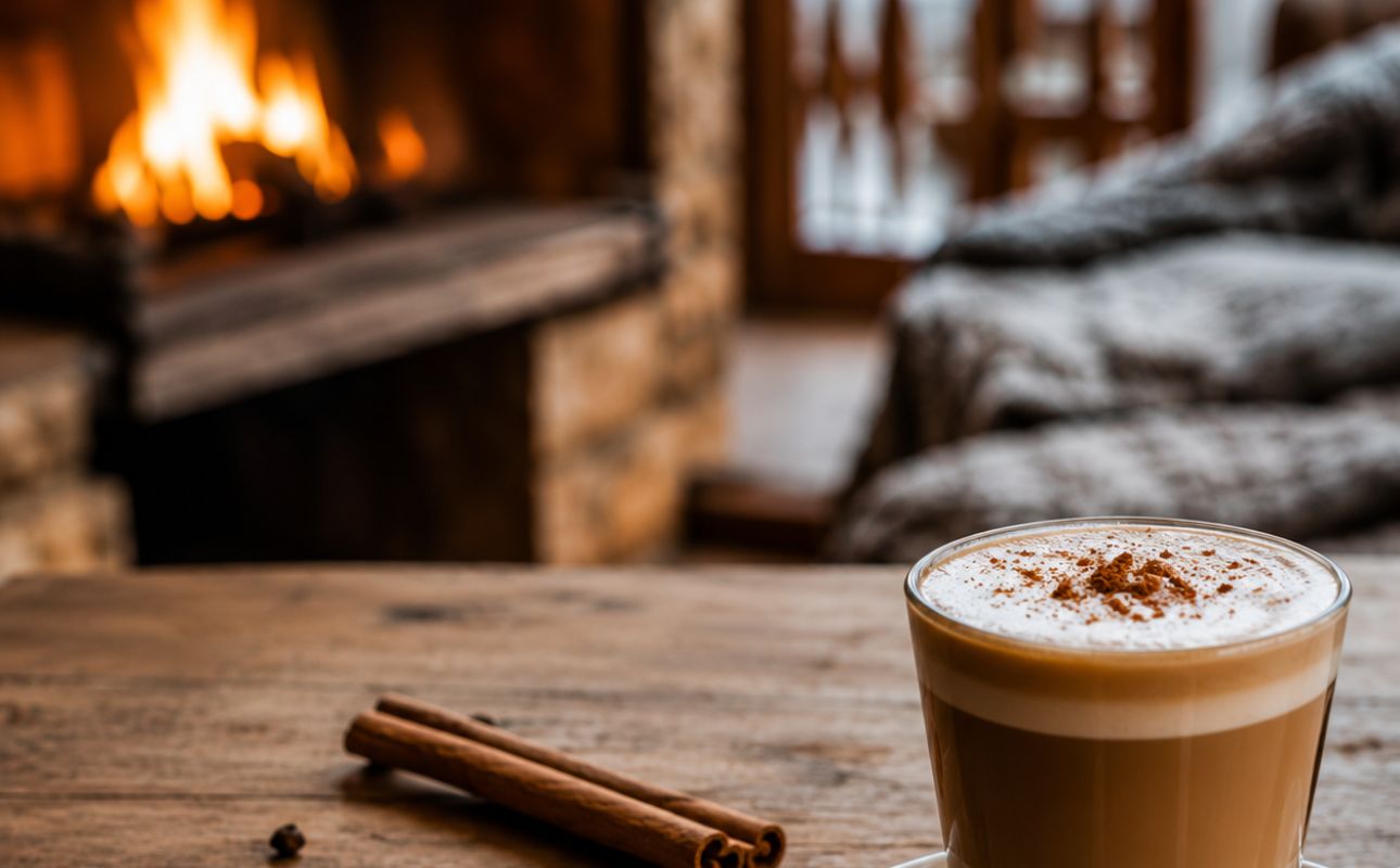 Creamy spiced latte by a fireplace, evoking cozy comfort, cinnamon notes and warm gourmand fragrances.
