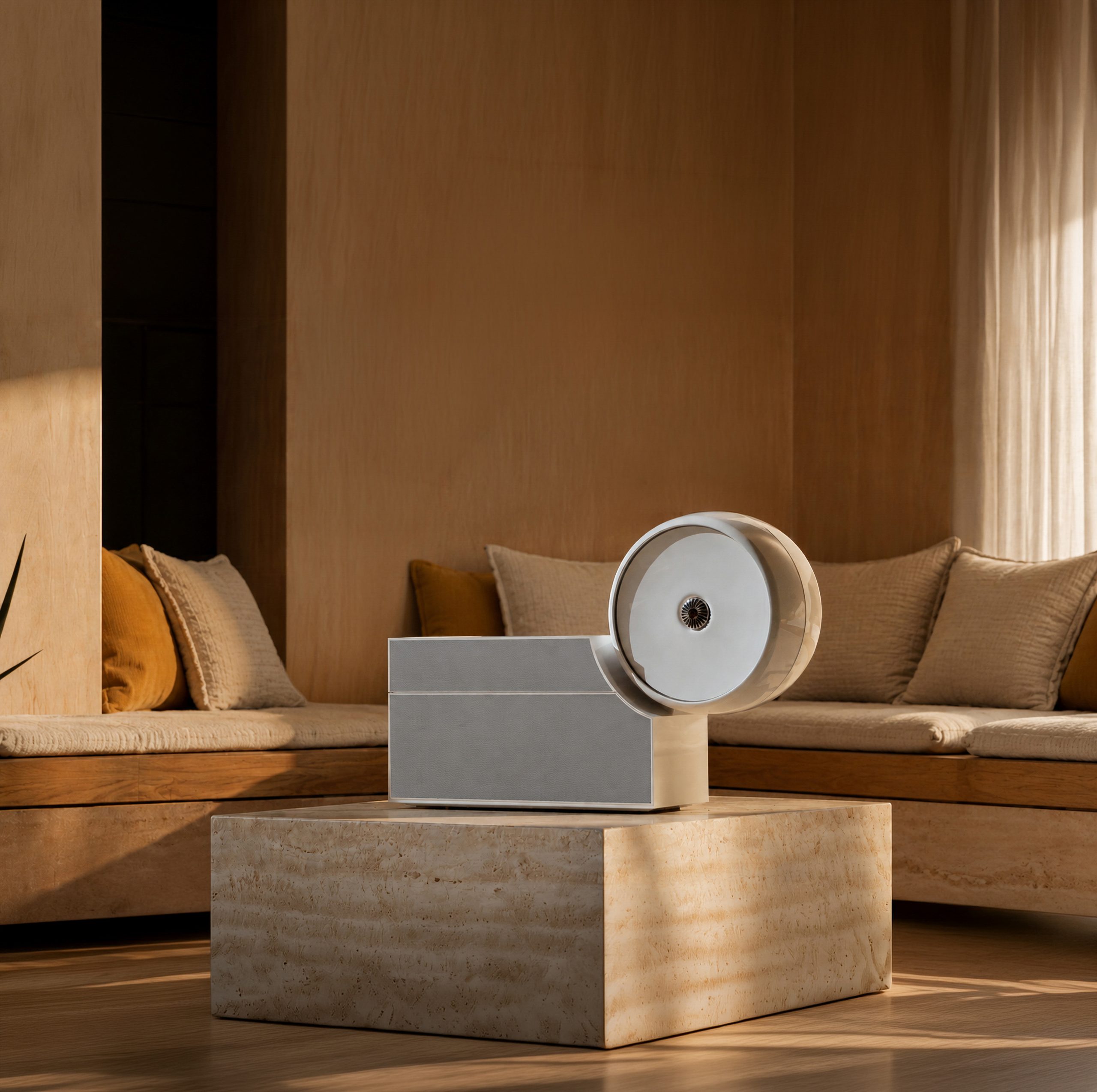 Modern luxury fragrance diffuser in a cozy, sunlit interior with sophisticated home décor.