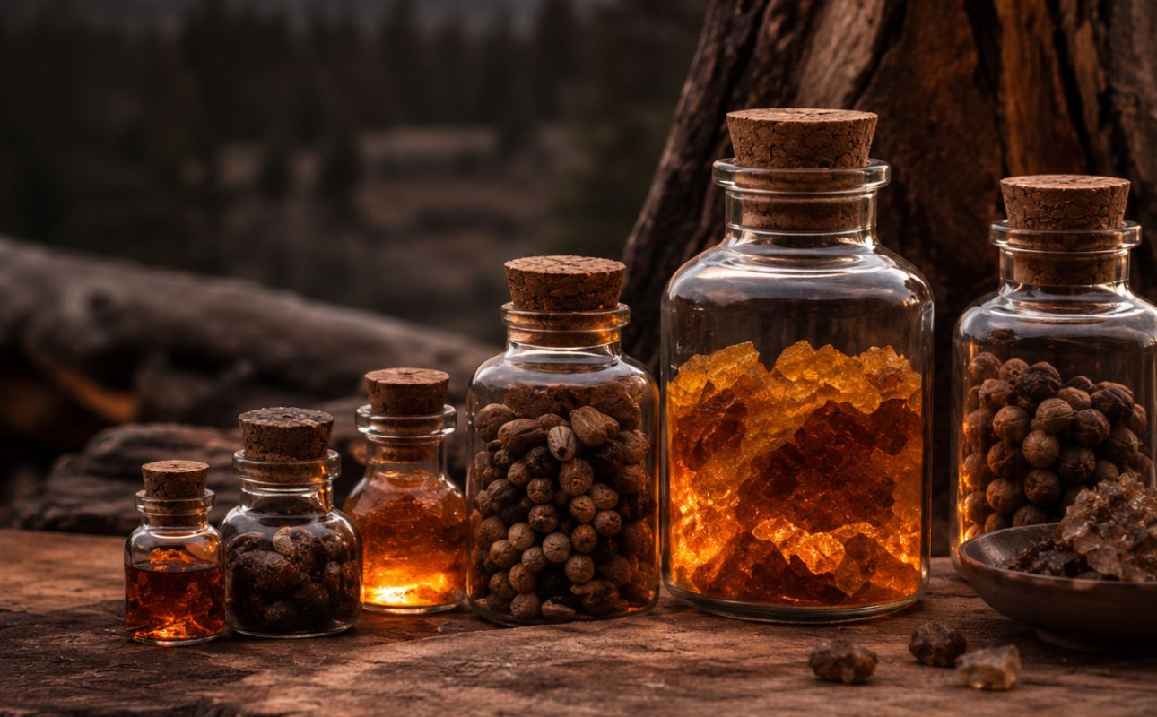 Amber resin and aromatic spices in glass bottles, inspired by warm woody fragrance notes and oriental scents.