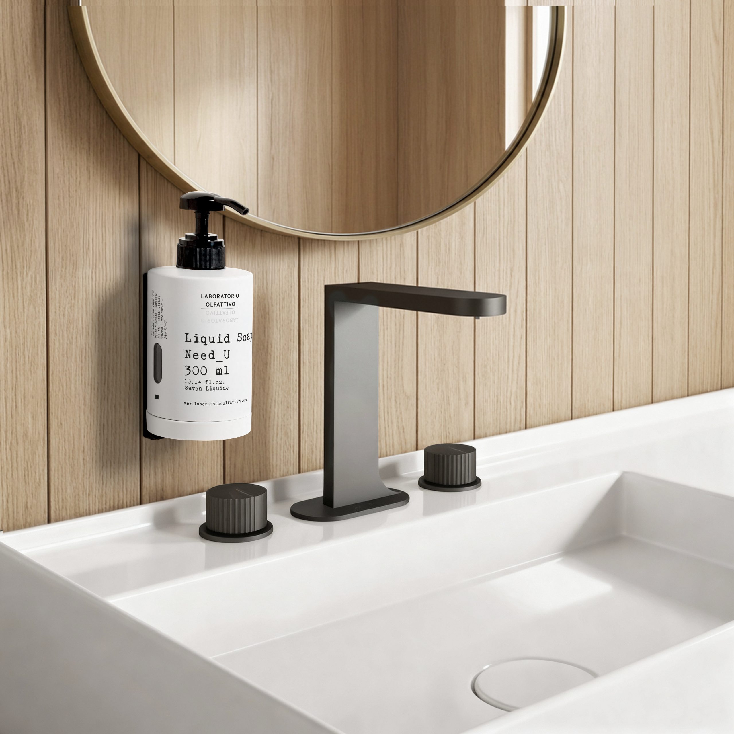 Laboratorio Olfattivo Need_U liquid soap dispenser mounted beside a modern sink, combining minimalist design with a refined bathroom setting.