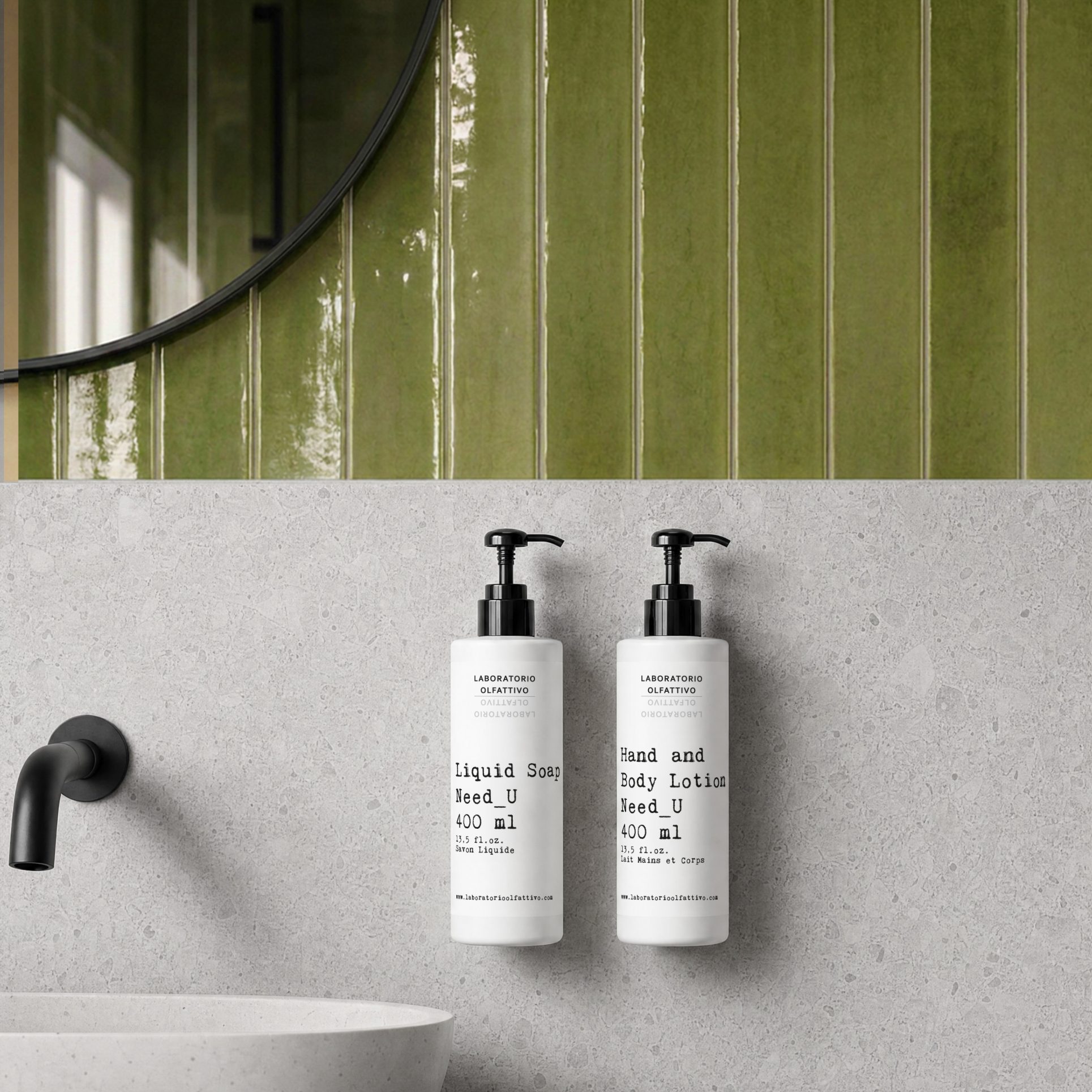 Laboratorio Olfattivo Need_U liquid soap and hand & body lotion dispensers displayed above a contemporary bathroom vanity with a modern, elegant aesthetic.
