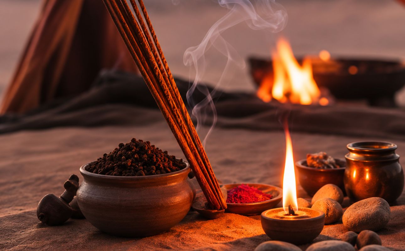 Burning incense, warm spices and candlelight creating an oriental fragrance atmosphere with rich aromatic notes.