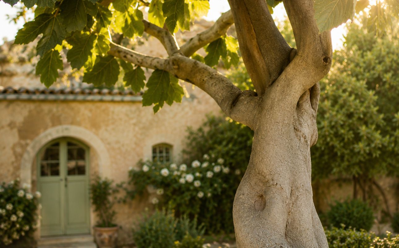 Sunlit Mediterranean garden with a fig tree, evoking natural wellness, botanical freshness and sustainable beauty inspiration.