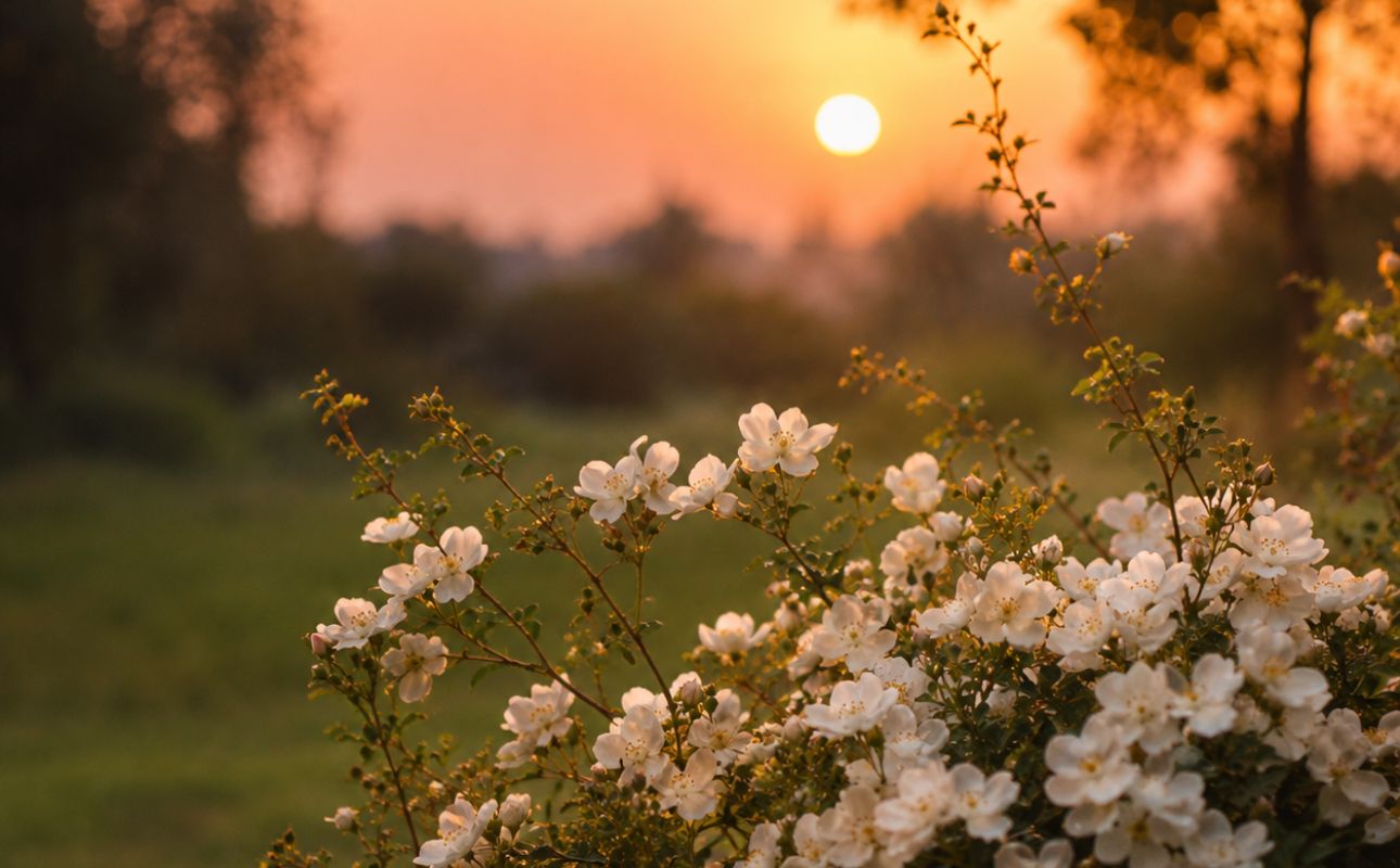 White blossoms at sunset, capturing delicate floral notes and the elegance of a nature-inspired fragrance.