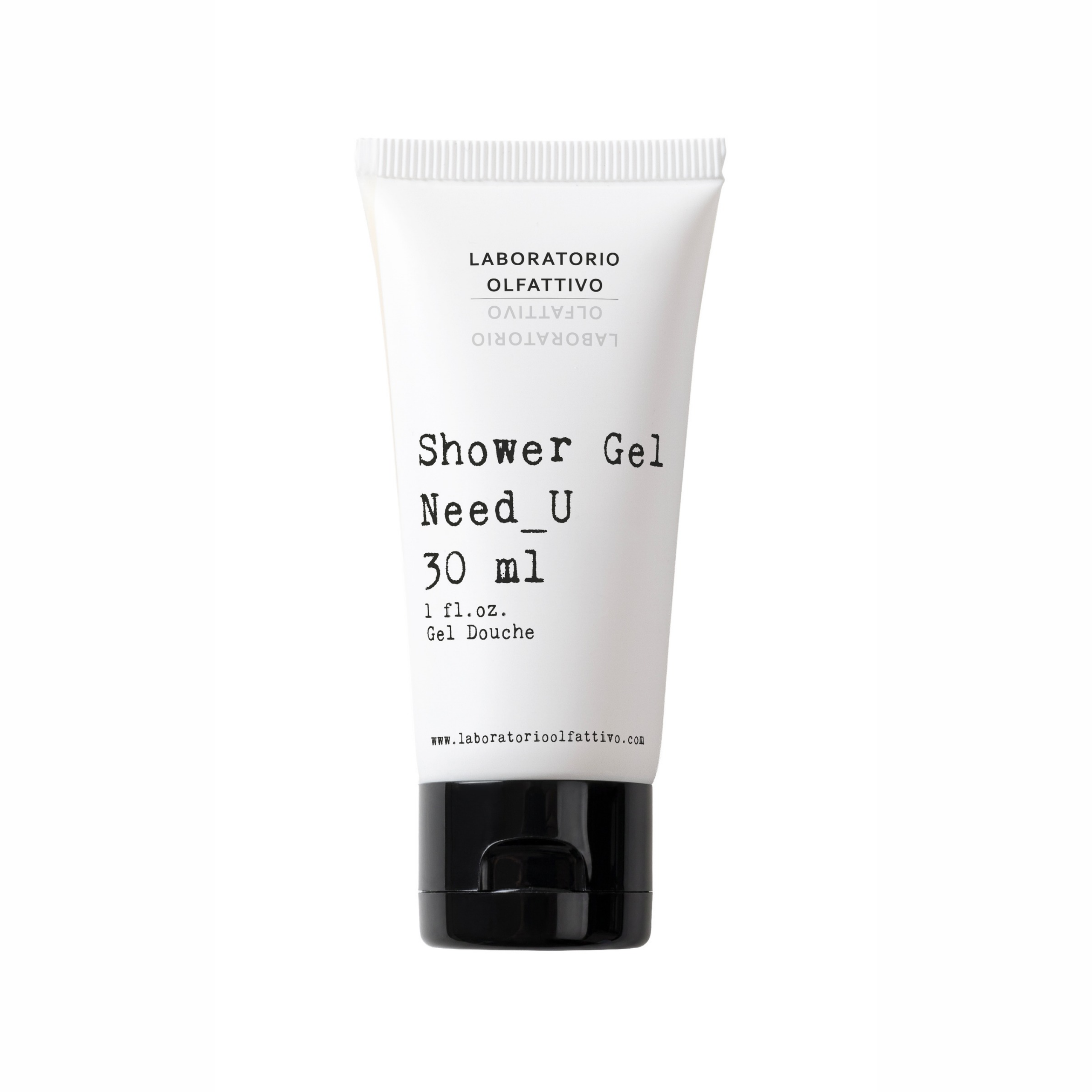 Laboratorio Olfattivo Need_U shower gel tube in minimalist white packaging on a clean light-grey background.