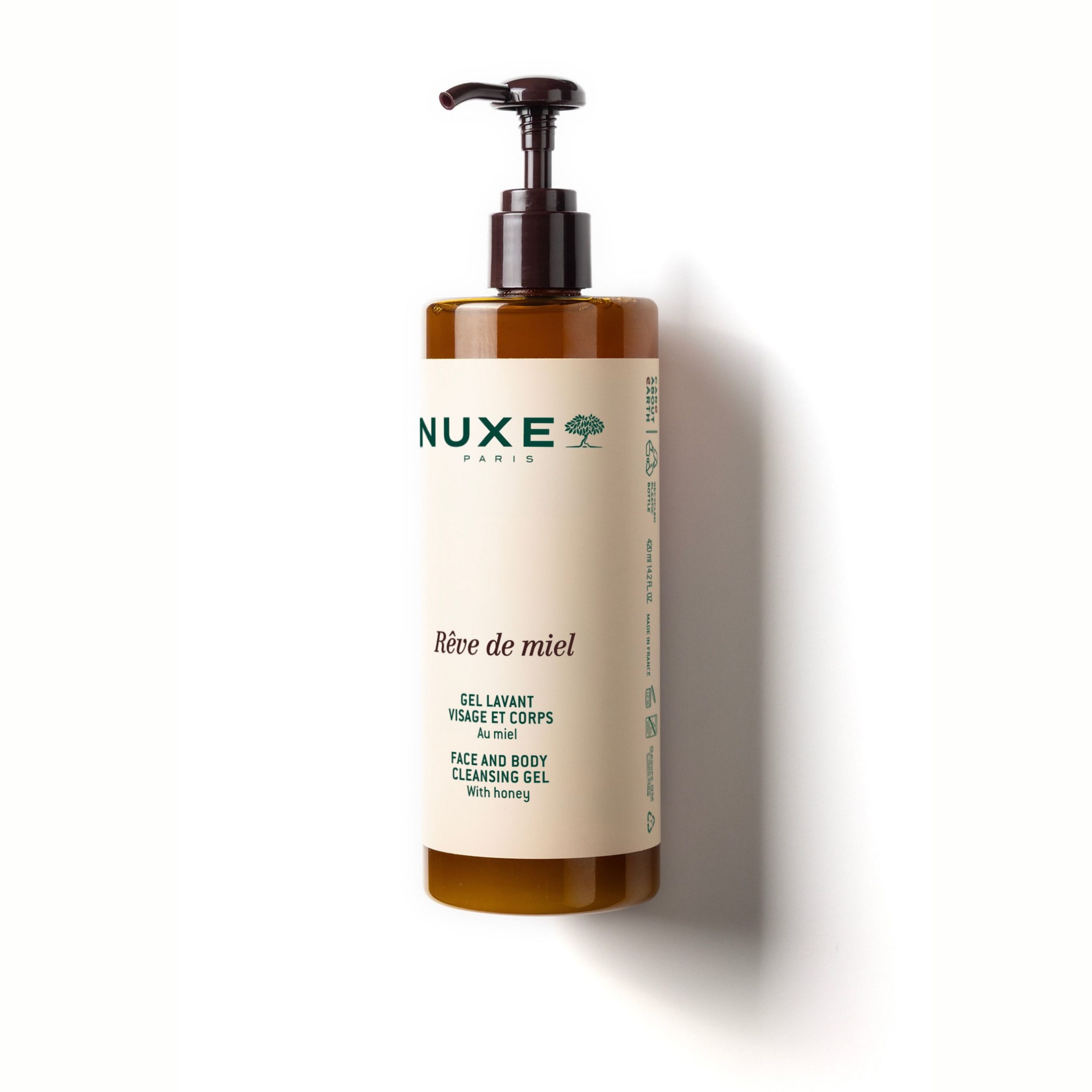 NUXE Rêve de Miel Face and Body Cleansing Gel with honey in a pump bottle, nourishing skincare for dry and sensitive skin.
