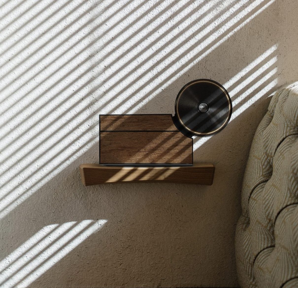 Minimalist bedroom interior with warm sunlight through window blinds, wooden bedside shelf, and upholstered headboard creating elegant shadow patterns.